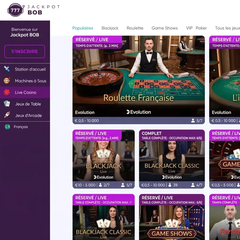 Live casino Evolution sur Jackpot Bob